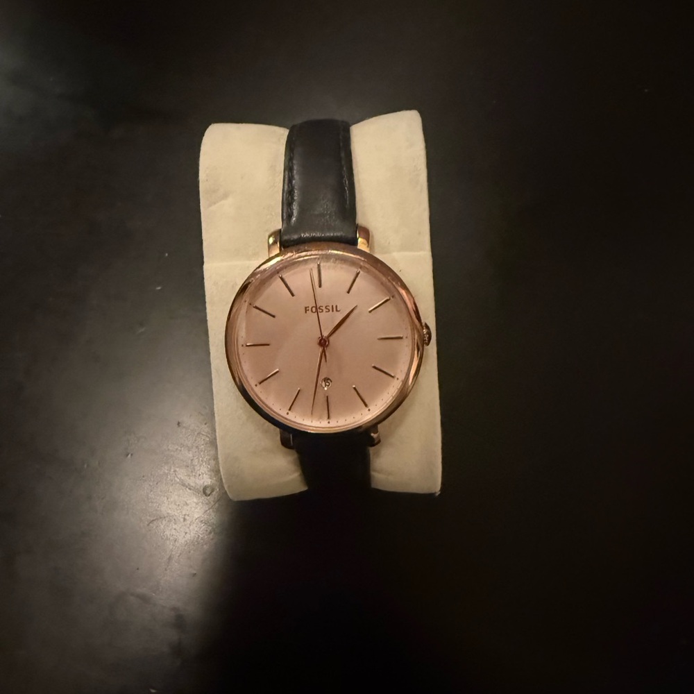 Fossil Rose Gold Dial Black Leather Watch
